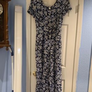 Floral Navy, White and Light Blue Short Sleeved Wide-Leg jumpsuit